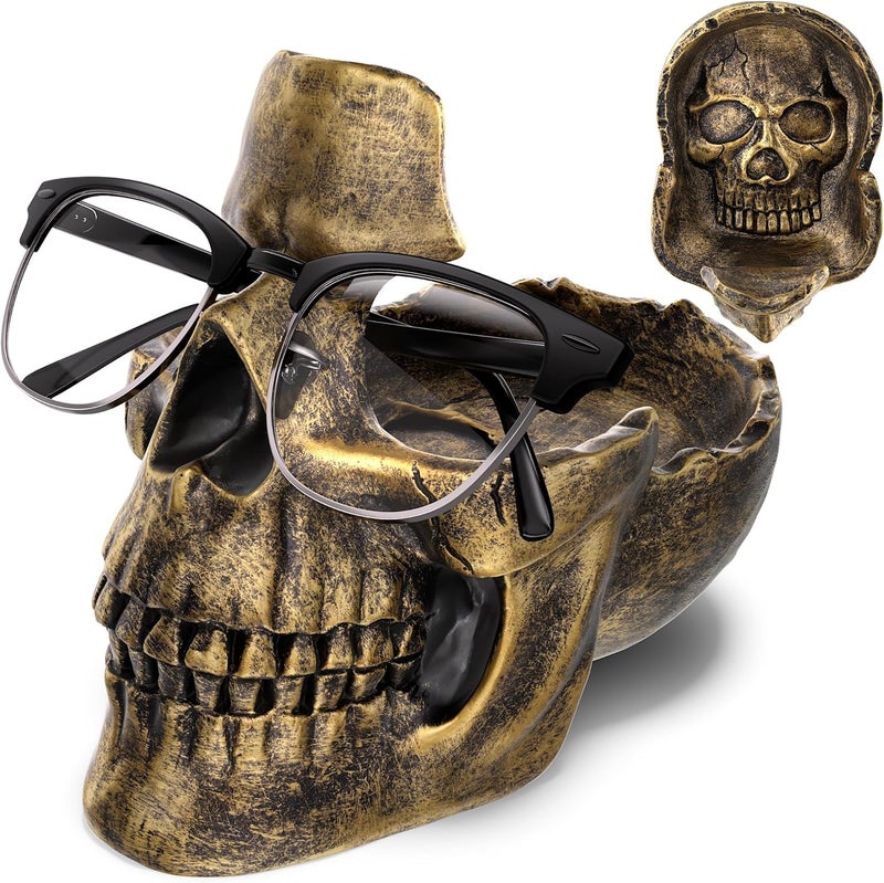 Readaeer Skull Glasses Stand Holder, Creative Eyeglasses Holder, Sunglasses Spectacle Display Rack, Key Holder Resin Sculptures for Entryway, Home, Office, Desk, Nightstand (Bronze) - Image 1
